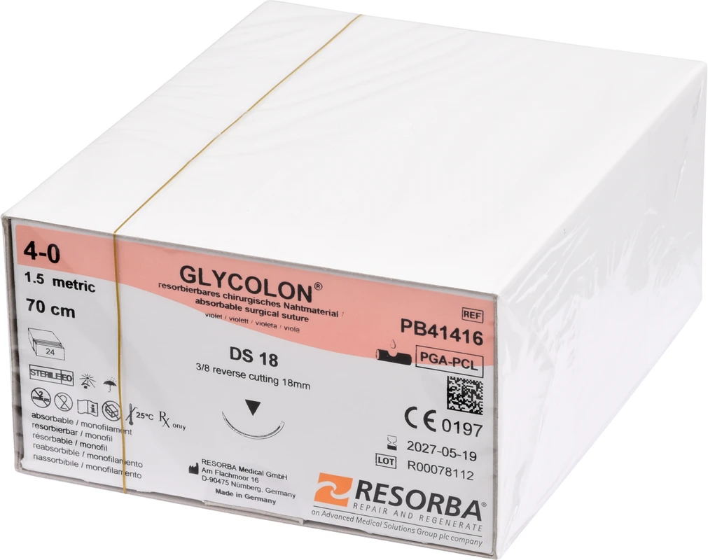 Glycolon® Oral Packung 24 Stück violett, 70 cm, DS18, 3/8 Kreis, außen schneidend, Premium-Schliff, 18 mm, USP 4/0