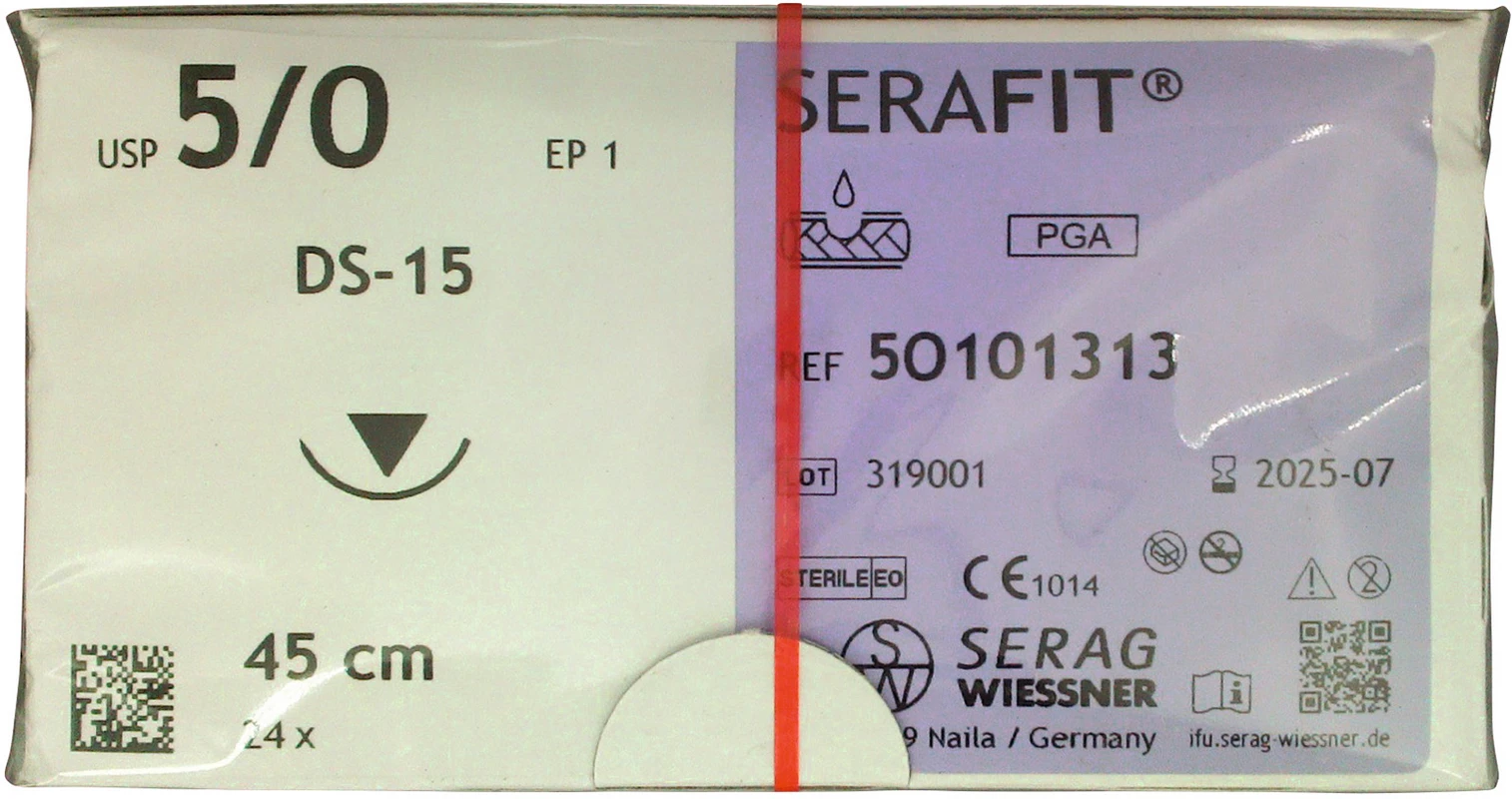 SERAFIT® Packung 24 Stück ungefärbt, 45 cm, DS-15, 3/8 Kreis, schneidender Nadelkörper, 15 mm, USP 5/0