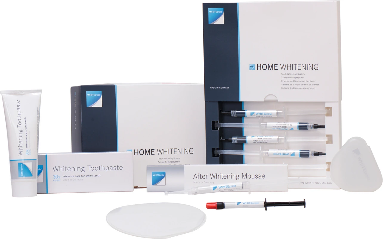HOME WHITENING Patienten Kit 5 x 3 ml Zahnaufhellungsgel 16 % CP, 3 ml After Whitening Mousse, Zubehör