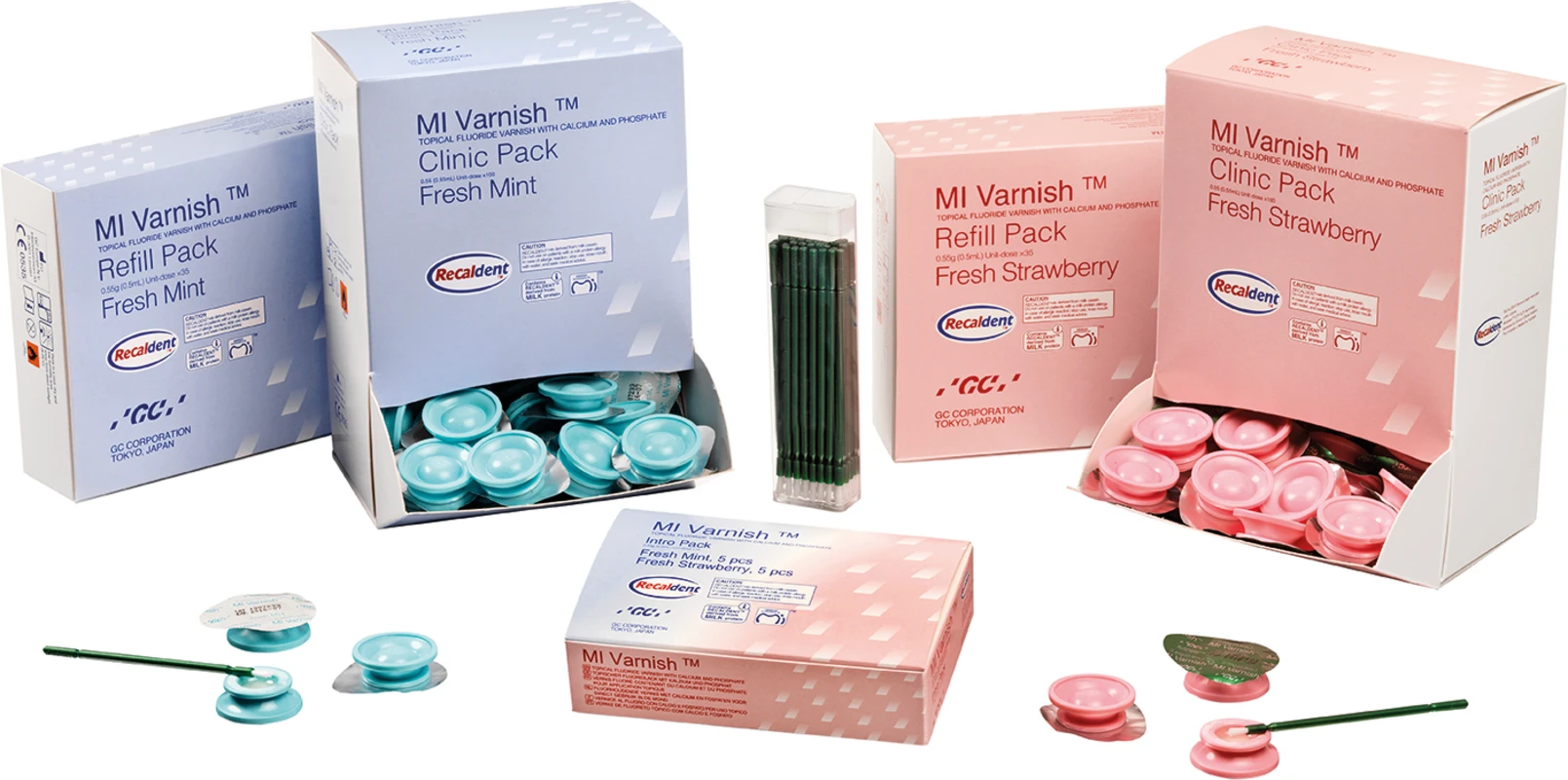 GC MI Varnish™ Intro Packung 10 x 0,40 ml (5 x Erdbeere, 5 x Minze), 20 Einmalpinsel